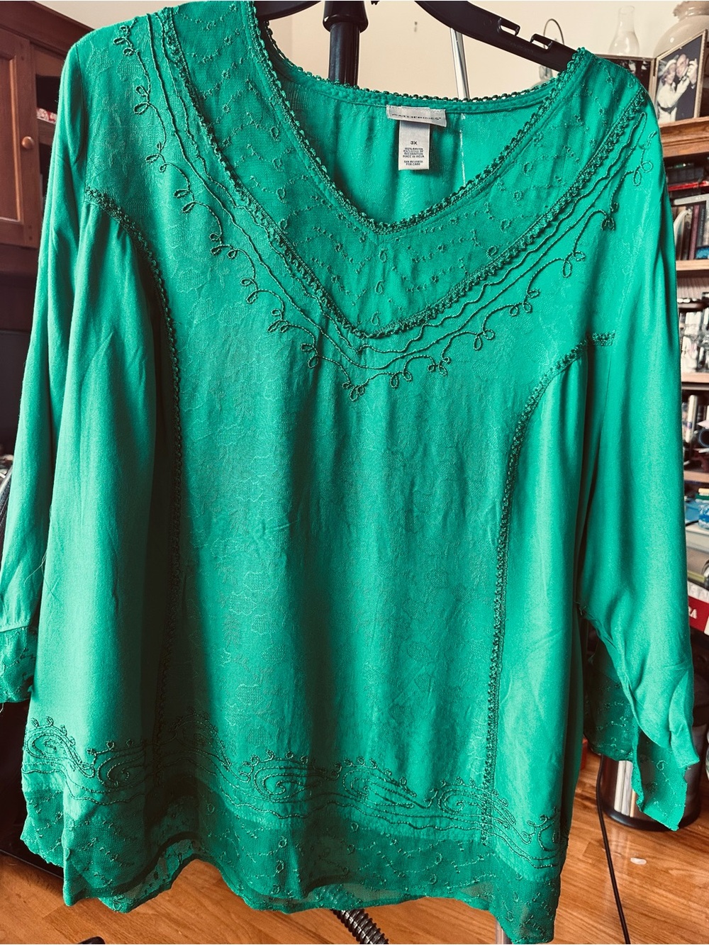 Catherines Emerald Green Long-Sleeve Scoop Neck Embroidered Blouse, 100 Rayon